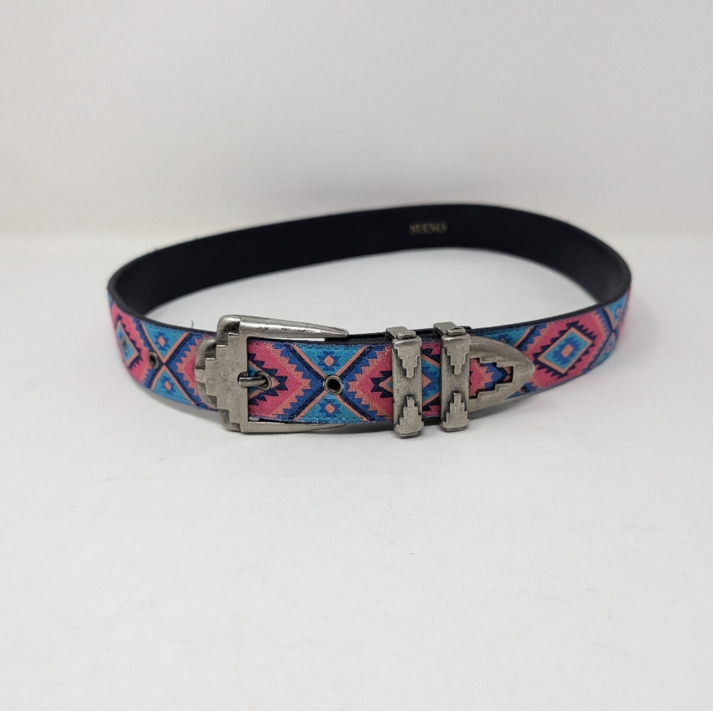 Women's Aztec looking fabric belt by NUOVO. Colorful